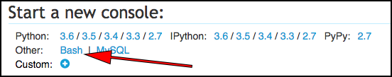 PythonAnywhere web arayüzündeki 'New Console' bölümünde, 'bash' için butona tıkla