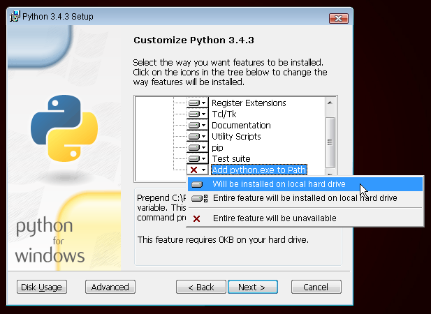 别忘了增加 Python 到 Path